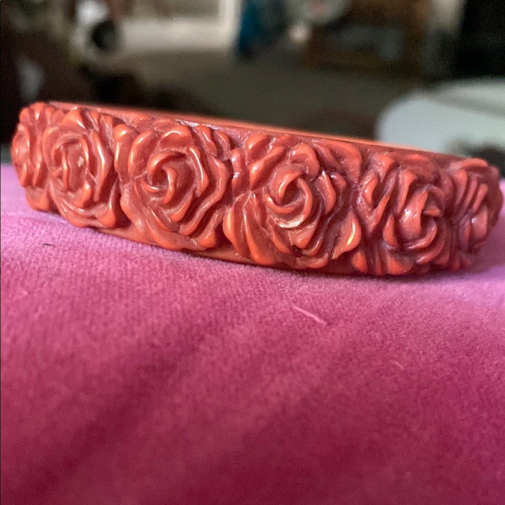 Vintage Coral Rose Carved Bangle Bracelet